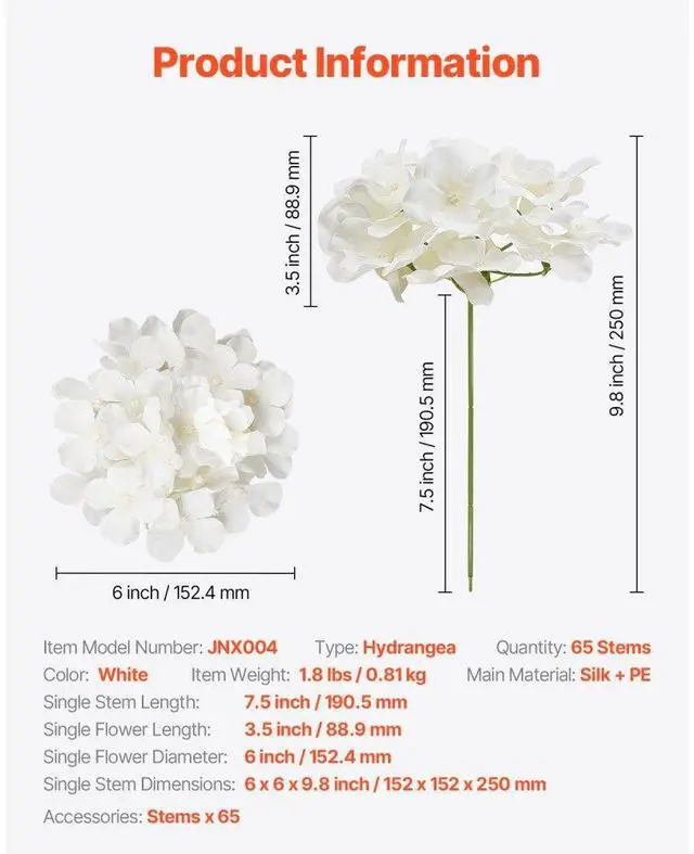 Alt view image 7 of 7 - 65 Pcs Artificial Silk Hydrangea Flowers 9.8 In Bouquet Arrangement White