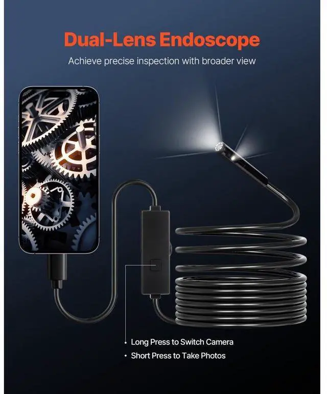 Alt view image 2 of 14 - VEVOR Dual Lens Borescope Endoscope Camera for Android IOS & 16.4FT Snake Cable