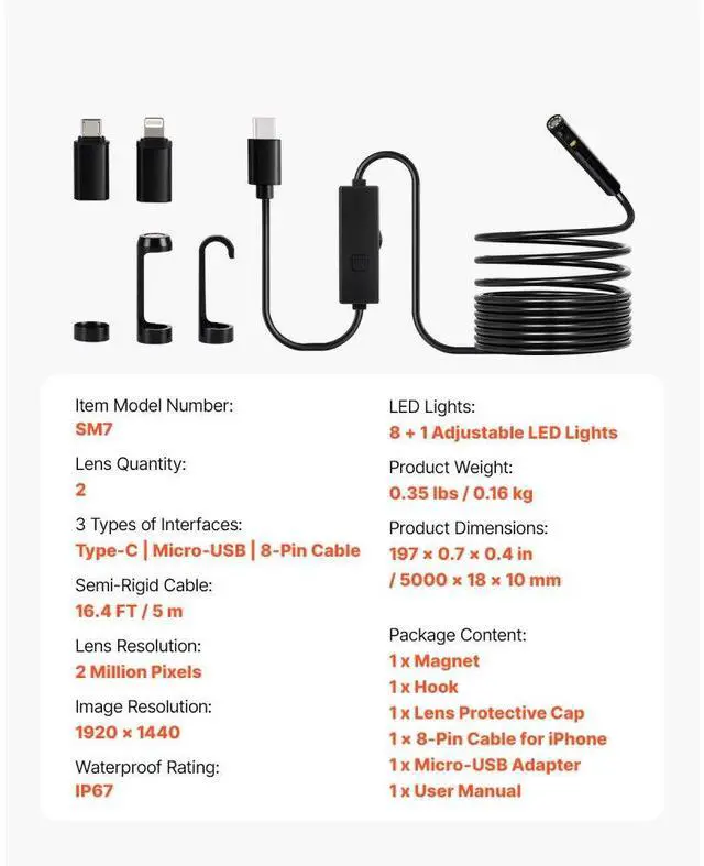 Alt view image 7 of 14 - VEVOR Dual Lens Borescope Endoscope Camera for Android IOS & 16.4FT Snake Cable