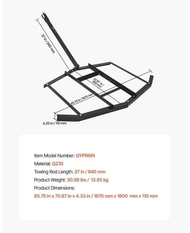 Alt view image 7 of 14 - Drag Harrow 66" Width Tow Behind Drag Harrow Steel Gravel Grader ATV UTV