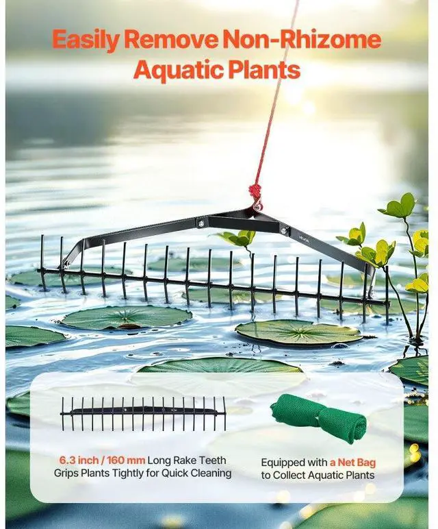 Alt view image 2 of 7 - 32x6.3 in Pond Aquatic Weed Rake Double-Sided Lake Weed Removal Rake 30ft Rope