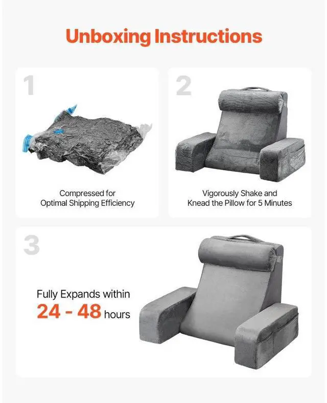 Alt view image 2 of 7 - VEVOR Reading Pillow, Backrest Support Pillow with Arm and 3 Pockets, Large Size Bed Pillow with Removable Headrest & 25D Sponge, Handle for Easy Carrying, for Reading, Gaming, Resting, Working, Grey