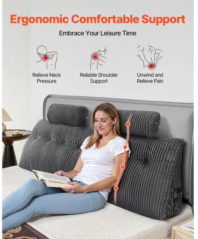 Alt view image 4 of 7 - VEVOR Headboard Pillow, King Size Wedge Headboard Pillow with 2 Side Pockets and 2 Headrests, Bed Wedge Pillow with Washable Flannel Cloth, for Reading, Gaming, Resting, Working in Bed, Grey