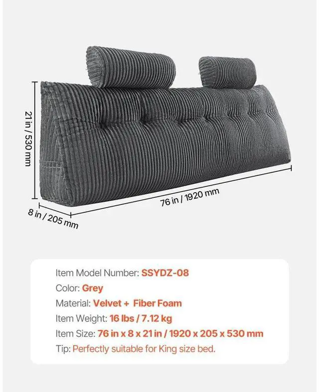 Alt view image 7 of 7 - VEVOR Headboard Pillow, King Size Wedge Headboard Pillow with 2 Side Pockets and 2 Headrests, Bed Wedge Pillow with Washable Flannel Cloth, for Reading, Gaming, Resting, Working in Bed, Grey