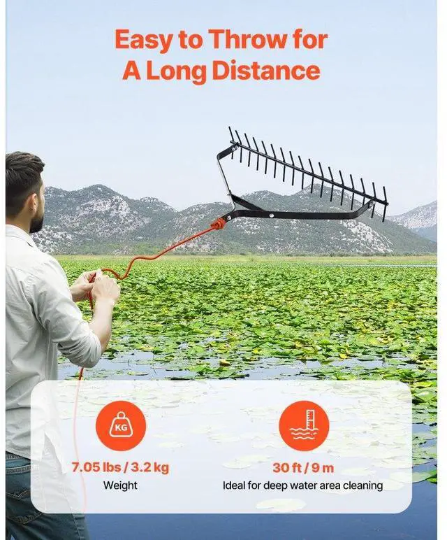 Alt view image 3 of 7 - 32x6.3 in Pond Aquatic Weed Rake Double-Sided Lake Weed Removal Rake 30ft Rope