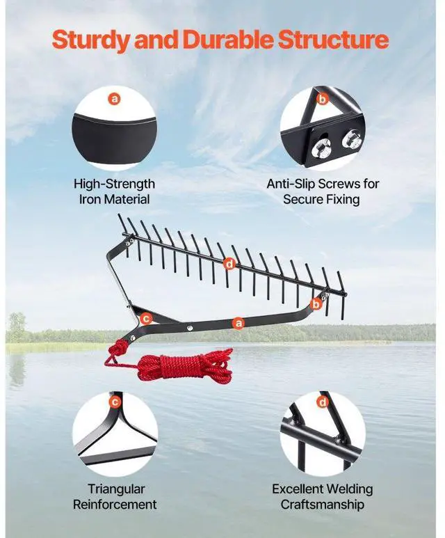 Alt view image 4 of 7 - 32x6.3 in Pond Aquatic Weed Rake Double-Sided Lake Weed Removal Rake 30ft Rope