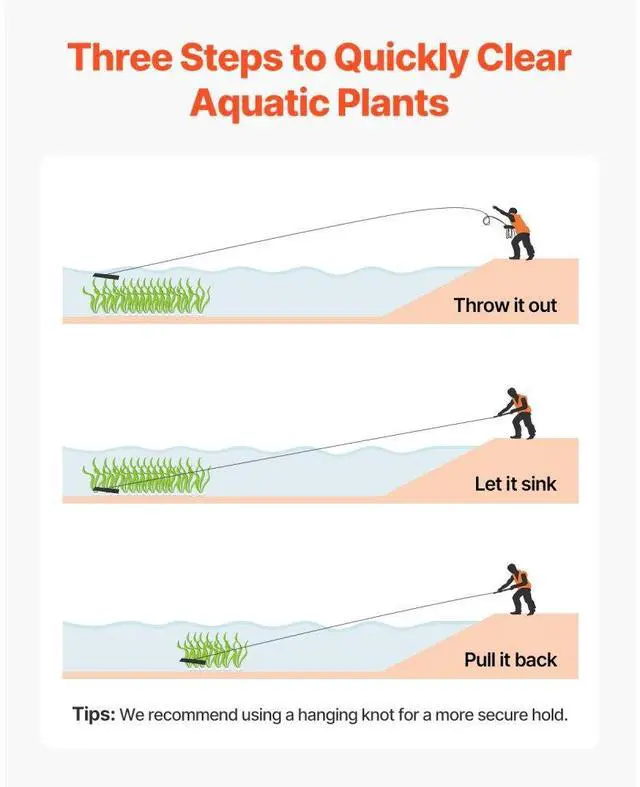 Alt view image 6 of 7 - 32x6.3 in Pond Aquatic Weed Rake Double-Sided Lake Weed Removal Rake 30ft Rope