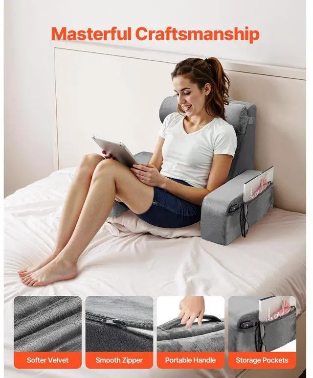 Alt view image 3 of 7 - VEVOR Reading Pillow, Backrest Support Pillow with Arm and 3 Pockets, Large Size Bed Pillow with Removable Headrest & 25D Sponge, Handle for Easy Carrying, for Reading, Gaming, Resting, Working, Grey