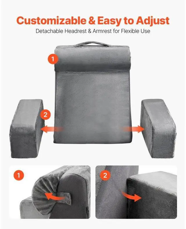 Alt view image 4 of 7 - VEVOR Reading Pillow, Backrest Support Pillow with Arm and 3 Pockets, Large Size Bed Pillow with Removable Headrest & 25D Sponge, Handle for Easy Carrying, for Reading, Gaming, Resting, Working, Grey