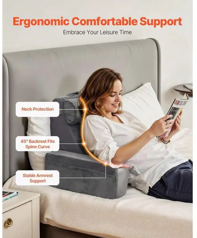 Alt view image 5 of 7 - VEVOR Reading Pillow, Backrest Support Pillow with Arm and 3 Pockets, Large Size Bed Pillow with Removable Headrest & 25D Sponge, Handle for Easy Carrying, for Reading, Gaming, Resting, Working, Grey