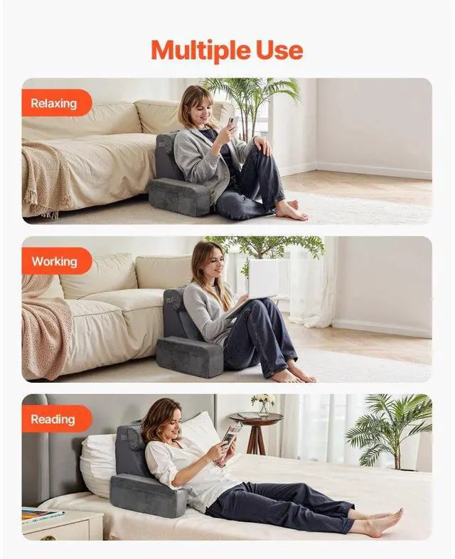 Alt view image 6 of 7 - VEVOR Reading Pillow, Backrest Support Pillow with Arm and 3 Pockets, Large Size Bed Pillow with Removable Headrest & 25D Sponge, Handle for Easy Carrying, for Reading, Gaming, Resting, Working, Grey