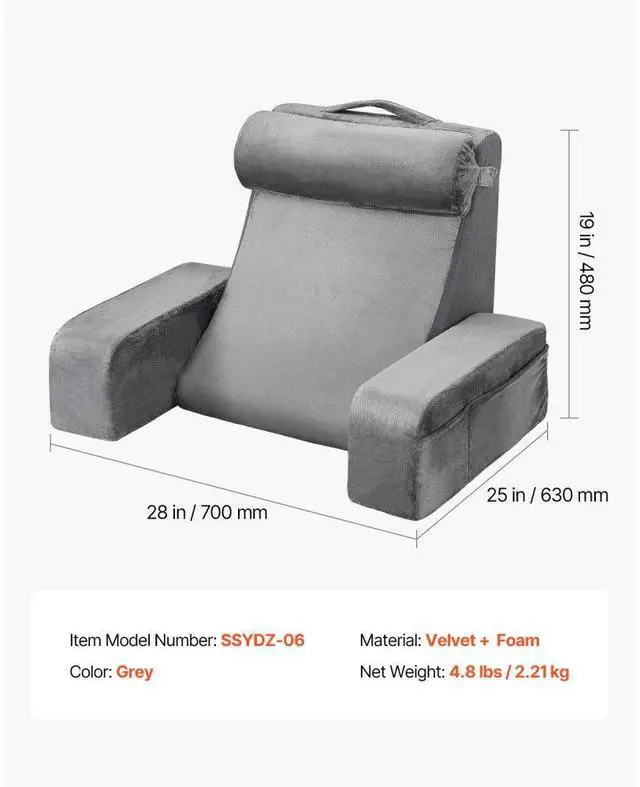 Alt view image 7 of 7 - VEVOR Reading Pillow, Backrest Support Pillow with Arm and 3 Pockets, Large Size Bed Pillow with Removable Headrest & 25D Sponge, Handle for Easy Carrying, for Reading, Gaming, Resting, Working, Grey