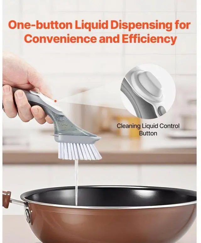 Alt view image 2 of 14 - VEVOR Soap Dispensing Dish Brush, Kitchen Scrub Brushes with 3 Brush Heads, Dish Cleaning Brushes with PP Handle and Curved Bristles, Ideal for Pots, Pans, Sink and Stove