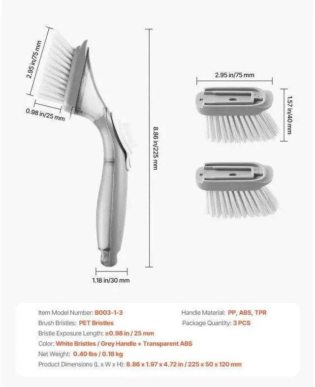 Alt view image 7 of 14 - VEVOR Soap Dispensing Dish Brush, Kitchen Scrub Brushes with 3 Brush Heads, Dish Cleaning Brushes with PP Handle and Curved Bristles, Ideal for Pots, Pans, Sink and Stove