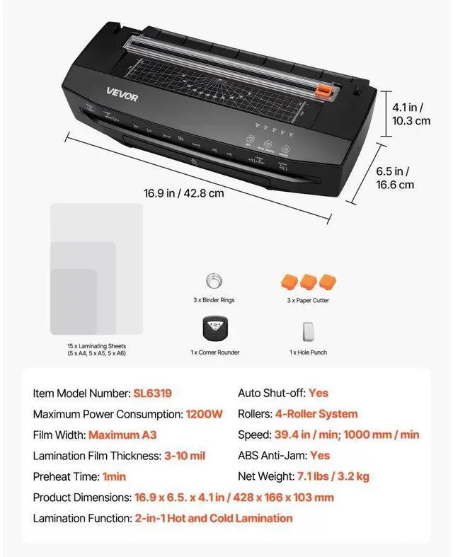 Alt view image 7 of 7 - VEVOR Laminator Machine, Cold and Hot Laminator for Max A3 Paper Size, 1 min Quick Warm Portable Laminator, 3-10 mil Thickness, Ideal for Home, Office, Business, or School Supplies, Black