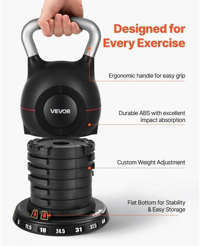 Alt view image 2 of 7 - VEVOR Kettlebell, Adjustable Kettlebell with 7 Weight Levels (5, 11.5, 18, 24.5, 31, 37.5, 44 lbs), Die-Cast Aluminum and ABS Material, for Grip Strength Training, Full-body Workout & Cross-Training