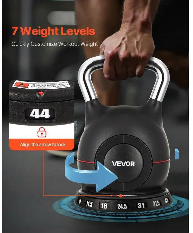 Alt view image 3 of 7 - VEVOR Kettlebell, Adjustable Kettlebell with 7 Weight Levels (5, 11.5, 18, 24.5, 31, 37.5, 44 lbs), Die-Cast Aluminum and ABS Material, for Grip Strength Training, Full-body Workout & Cross-Training