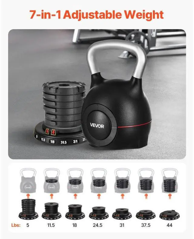 Alt view image 5 of 7 - VEVOR Kettlebell, Adjustable Kettlebell with 7 Weight Levels (5, 11.5, 18, 24.5, 31, 37.5, 44 lbs), Die-Cast Aluminum and ABS Material, for Grip Strength Training, Full-body Workout & Cross-Training