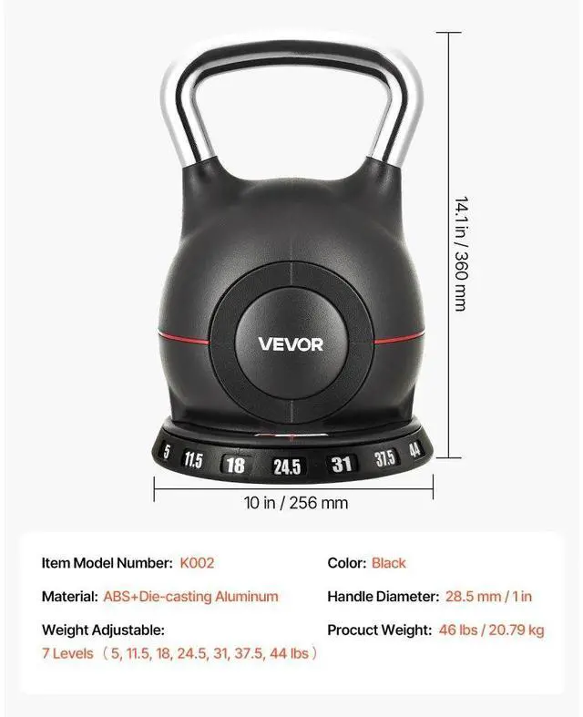 Alt view image 7 of 7 - VEVOR Kettlebell, Adjustable Kettlebell with 7 Weight Levels (5, 11.5, 18, 24.5, 31, 37.5, 44 lbs), Die-Cast Aluminum and ABS Material, for Grip Strength Training, Full-body Workout & Cross-Training