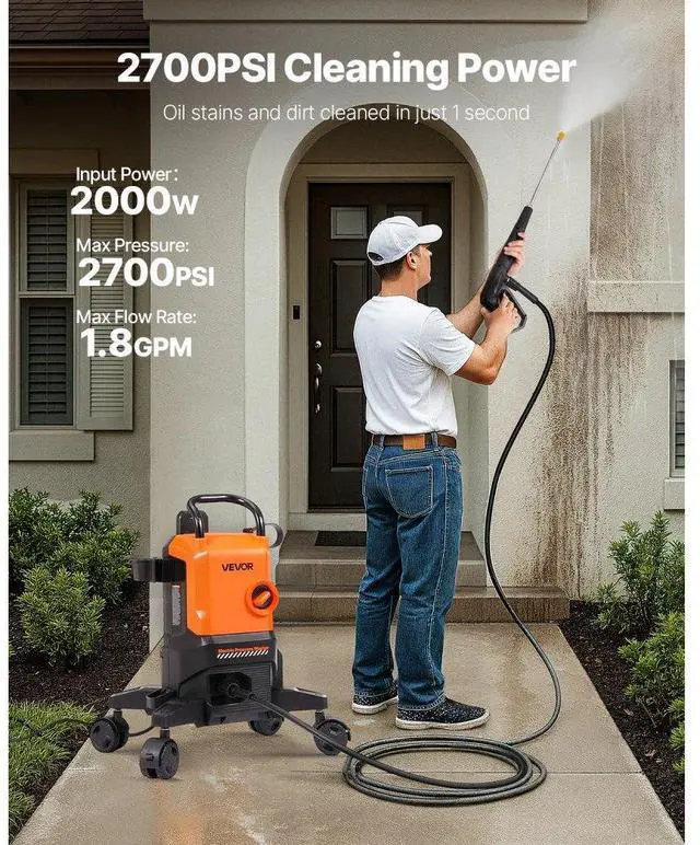 Alt view image 2 of 7 - Electric Pressure Washer Max 2700 PSI 1.8 GPM with Nozzles & Foam Cannon