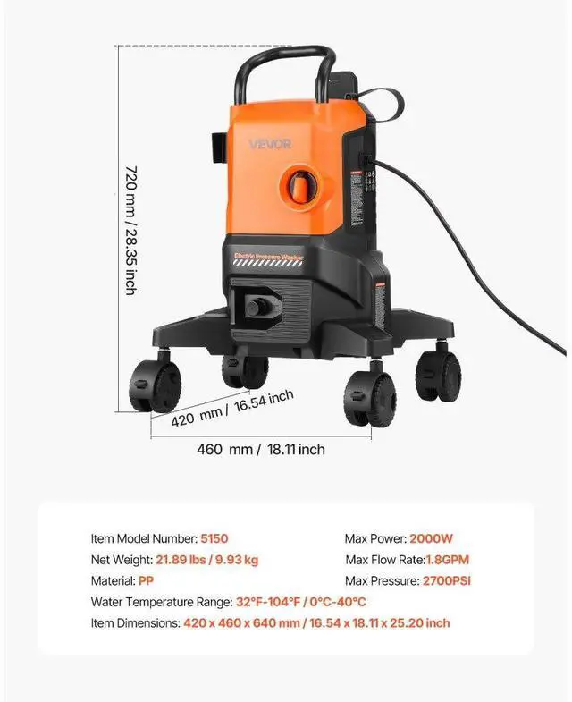 Alt view image 7 of 7 - Electric Pressure Washer Max 2700 PSI 1.8 GPM with Nozzles & Foam Cannon