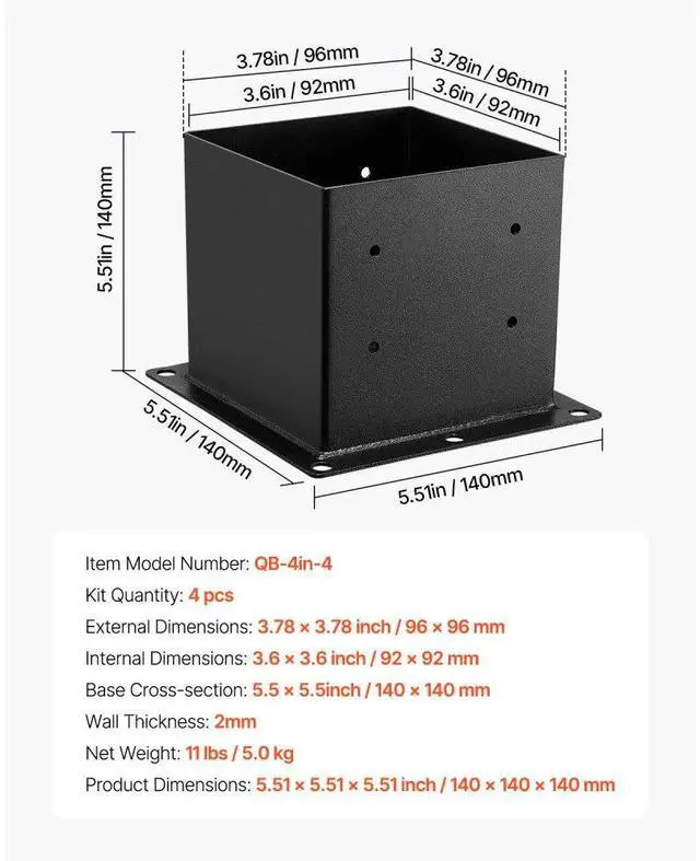 Alt view image 7 of 7 - 4 Pack 4x4 Post Base Brackets Wood Fence Post Anchor Inner Size 3.6x3.6 inch