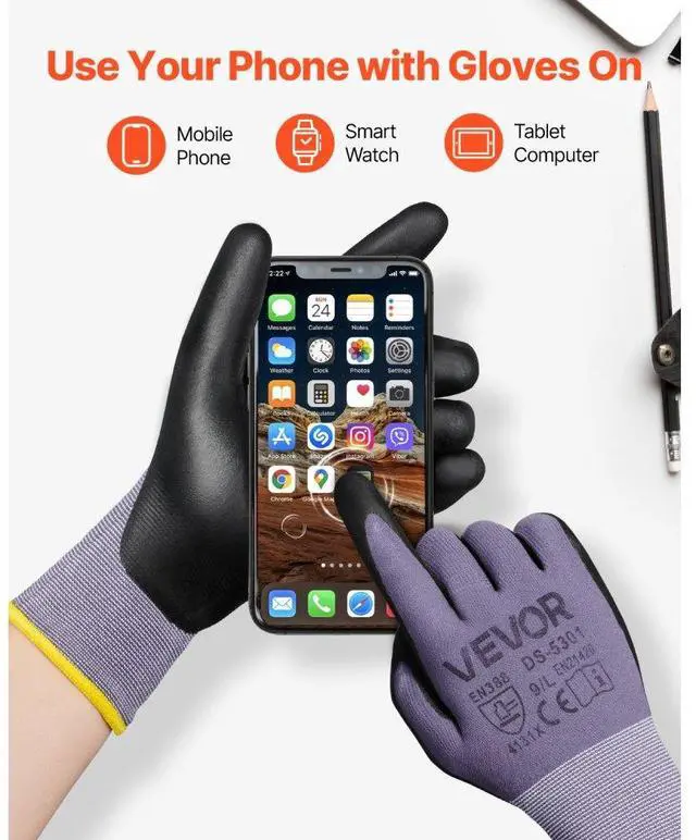 Alt view image 4 of 7 - VEVOR Work Gloves 12-Pair Touch Screen Nitrile-Coated Garden Construction Gloves