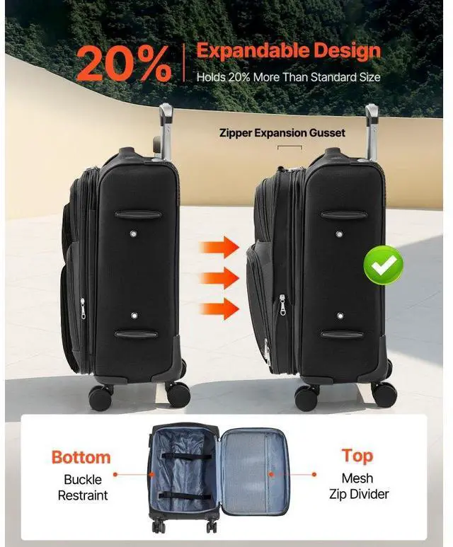 Alt view image 2 of 7 - 20-Inch Softside Expandable Luggage with Spinner Wheels Carry on Suitcase Black