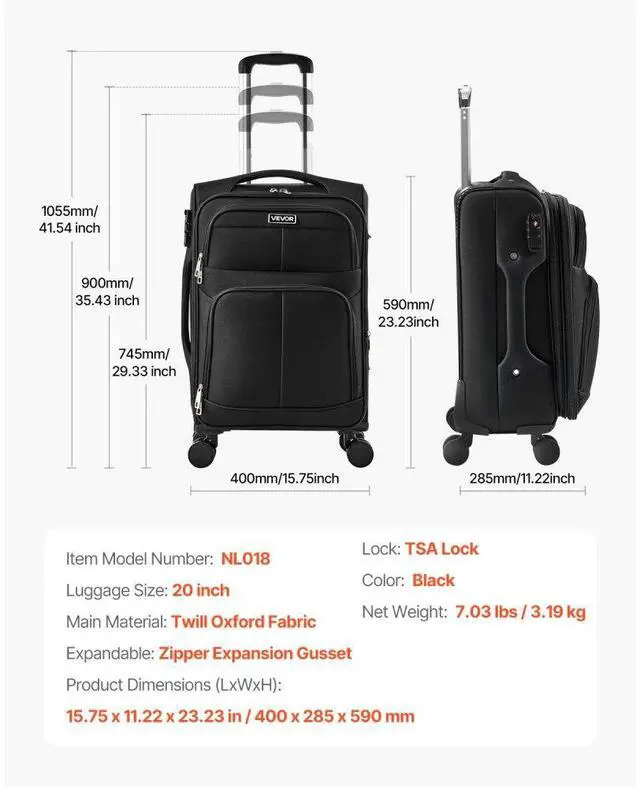 Alt view image 7 of 7 - 20-Inch Softside Expandable Luggage with Spinner Wheels Carry on Suitcase Black