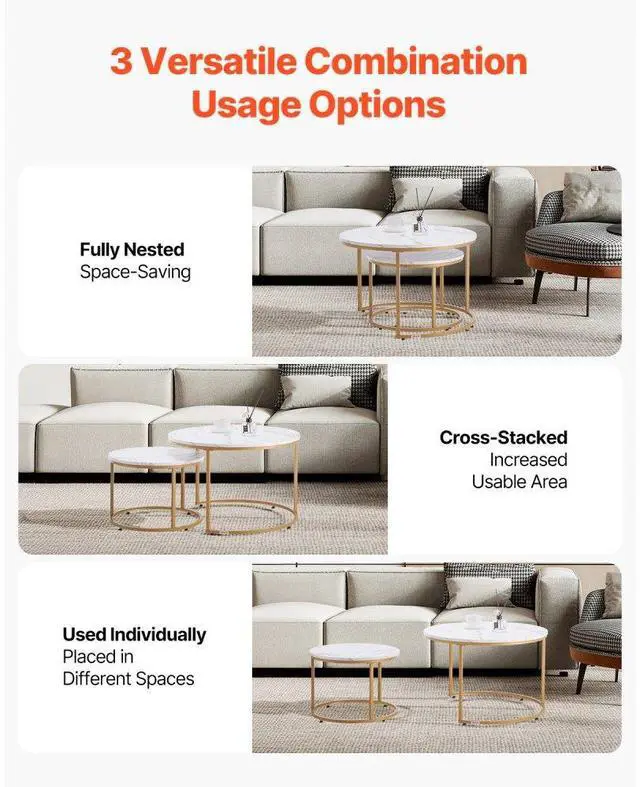 Alt view image 2 of 7 - VEVOR Nesting Coffee Table Set of 2, 27.6 in Round Coffee Table, Nesting Tables for Small Place, Vintage End Side Tables Night Stand with Metal Frame, for Living Room, Bedroom, Office (White & Gold)