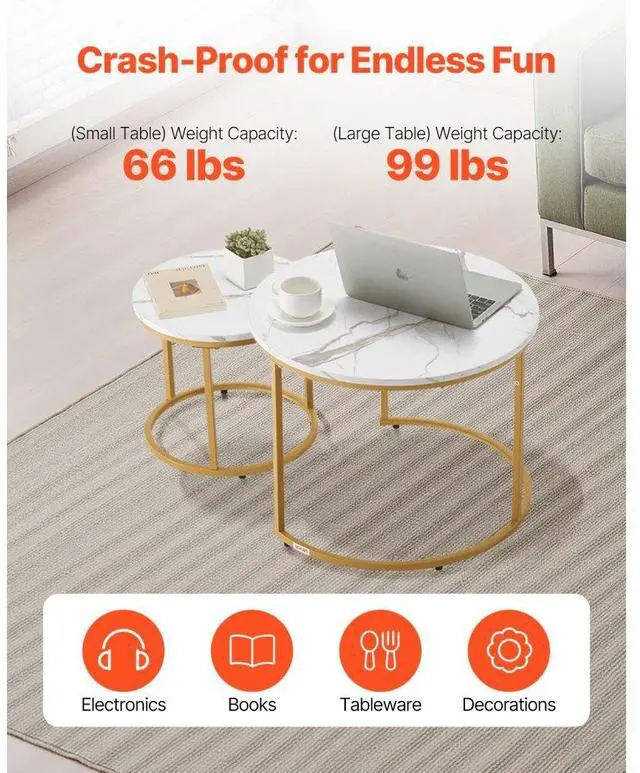 Alt view image 5 of 7 - VEVOR Nesting Coffee Table Set of 2, 27.6 in Round Coffee Table, Nesting Tables for Small Place, Vintage End Side Tables Night Stand with Metal Frame, for Living Room, Bedroom, Office (White & Gold)