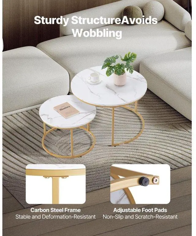 Alt view image 3 of 7 - VEVOR Nesting Coffee Table Set of 2, 27.6 in Round Coffee Table, Nesting Tables for Small Place, Vintage End Side Tables Night Stand with Metal Frame, for Living Room, Bedroom, Office (White & Gold)