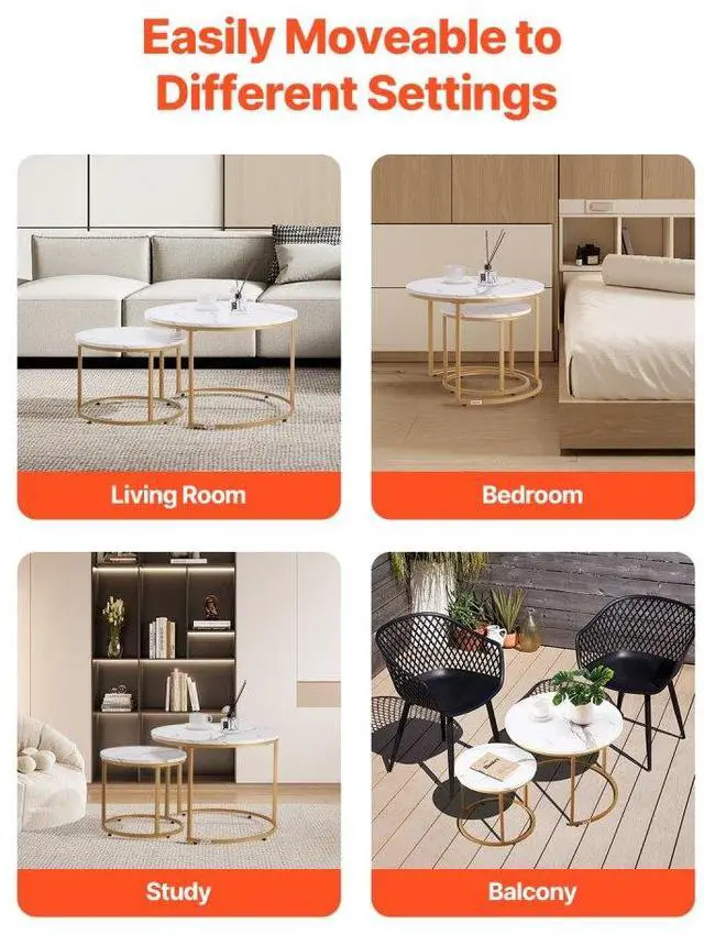 Alt view image 6 of 7 - VEVOR Nesting Coffee Table Set of 2, 27.6 in Round Coffee Table, Nesting Tables for Small Place, Vintage End Side Tables Night Stand with Metal Frame, for Living Room, Bedroom, Office (White & Gold)