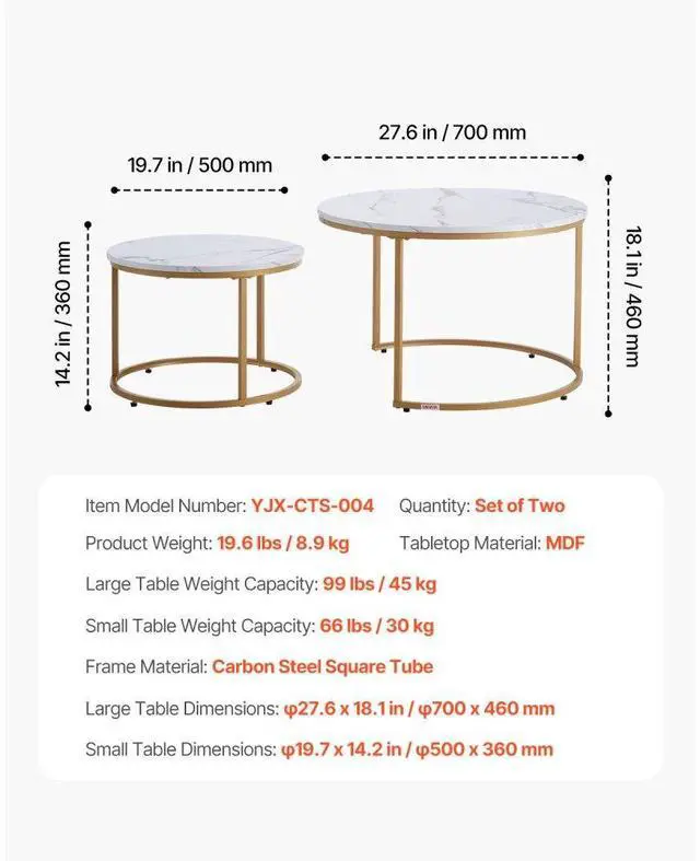Alt view image 7 of 7 - VEVOR Nesting Coffee Table Set of 2, 27.6 in Round Coffee Table, Nesting Tables for Small Place, Vintage End Side Tables Night Stand with Metal Frame, for Living Room, Bedroom, Office (White & Gold)