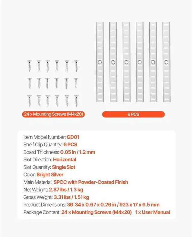 Alt view image 7 of 7 - VEVOR Shelf Track 36.3-inch 6 Pack Adjustable Steel Wall Mounted Shelf Pilaster