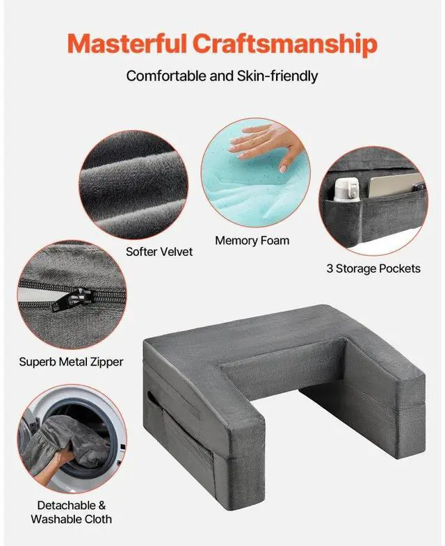 Alt view image 4 of 7 - VEVOR Reading Pillow, Lap Desk Pillow with Washable Cloth, Large Bed Pillow with 2 Pockets and Cup Holder, Memory Foam Bed Rest for Reading, Gaming, Resting, Working, Grey