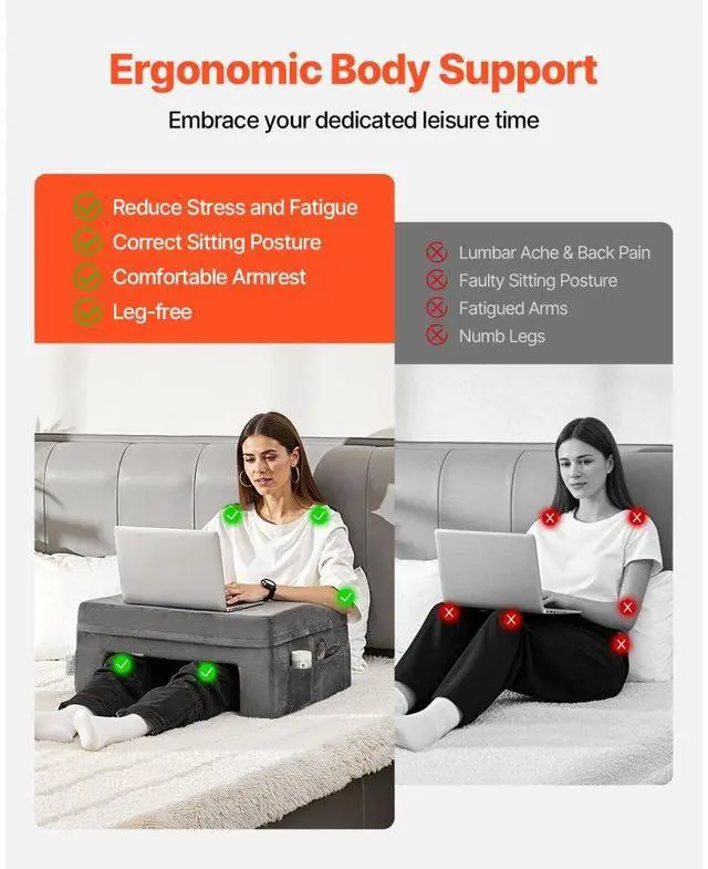 Alt view image 5 of 7 - VEVOR Reading Pillow, Lap Desk Pillow with Washable Cloth, Large Bed Pillow with 2 Pockets and Cup Holder, Memory Foam Bed Rest for Reading, Gaming, Resting, Working, Grey