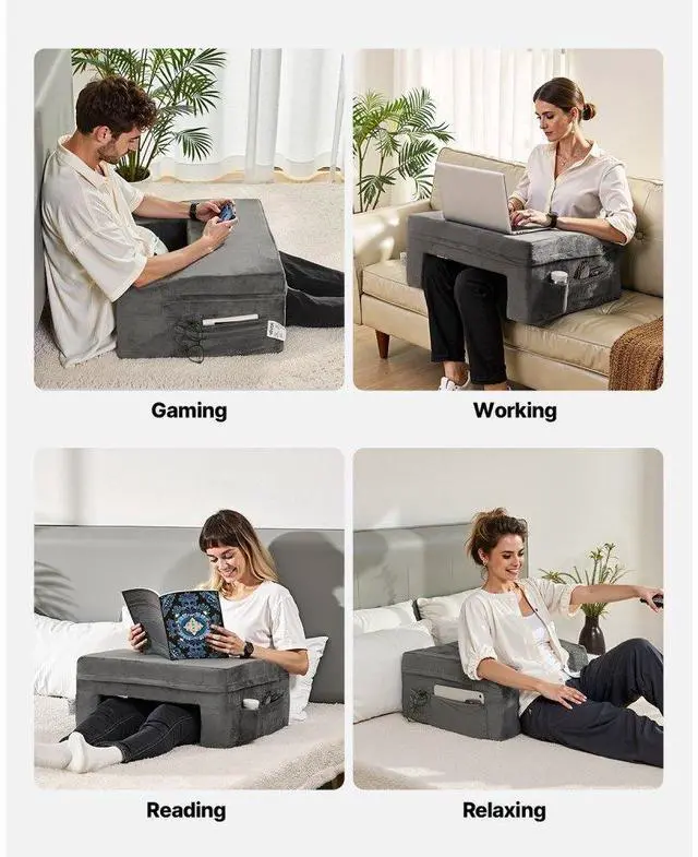 Alt view image 6 of 7 - VEVOR Reading Pillow, Lap Desk Pillow with Washable Cloth, Large Bed Pillow with 2 Pockets and Cup Holder, Memory Foam Bed Rest for Reading, Gaming, Resting, Working, Grey