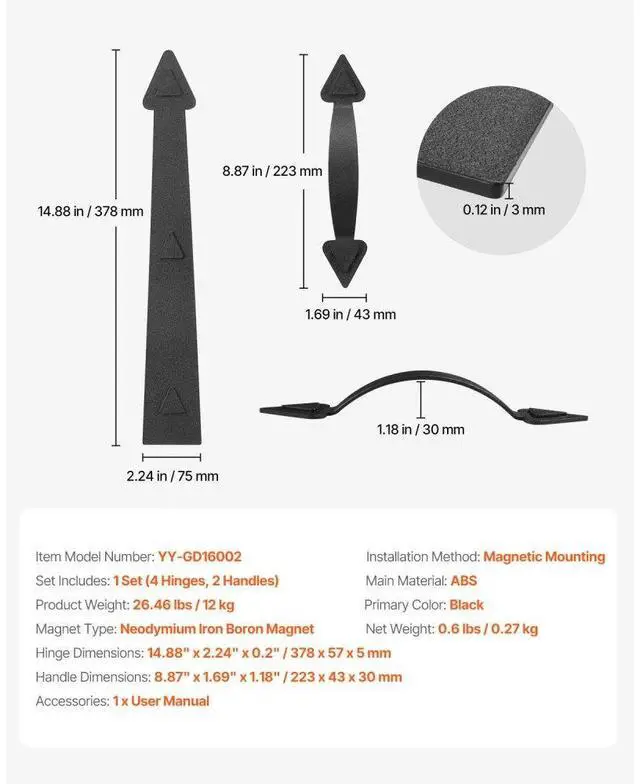 Alt view image 7 of 7 - Decorative Magnetic Garage Door Hardware Kit Accents 4 Hinges 2 Handles Black