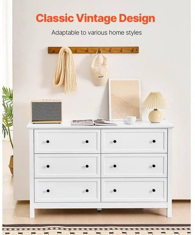 Alt view image 2 of 14 - VEVOR 6 Drawer Dresser, Wooden Chest of Drawers with Sliding and Anti-tip Device, Retro Minimalist Dresser Chest, Closet Storage TV Stand Organizer for Living Room, Hallway, Bedroom, Entryway, White