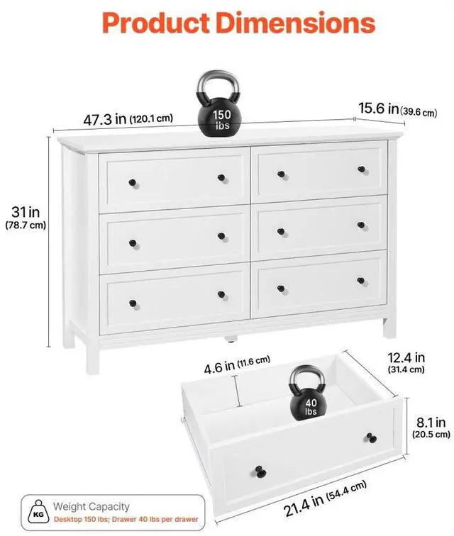 Alt view image 3 of 14 - VEVOR 6 Drawer Dresser, Wooden Chest of Drawers with Sliding and Anti-tip Device, Retro Minimalist Dresser Chest, Closet Storage TV Stand Organizer for Living Room, Hallway, Bedroom, Entryway, White