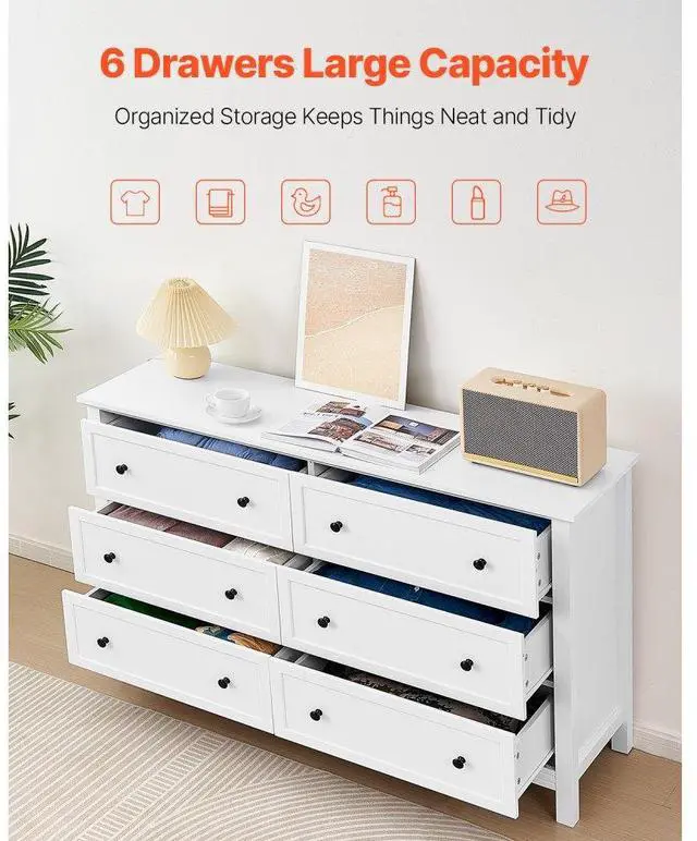 Alt view image 4 of 14 - VEVOR 6 Drawer Dresser, Wooden Chest of Drawers with Sliding and Anti-tip Device, Retro Minimalist Dresser Chest, Closet Storage TV Stand Organizer for Living Room, Hallway, Bedroom, Entryway, White