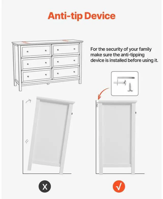 Alt view image 7 of 14 - VEVOR 6 Drawer Dresser, Wooden Chest of Drawers with Sliding and Anti-tip Device, Retro Minimalist Dresser Chest, Closet Storage TV Stand Organizer for Living Room, Hallway, Bedroom, Entryway, White