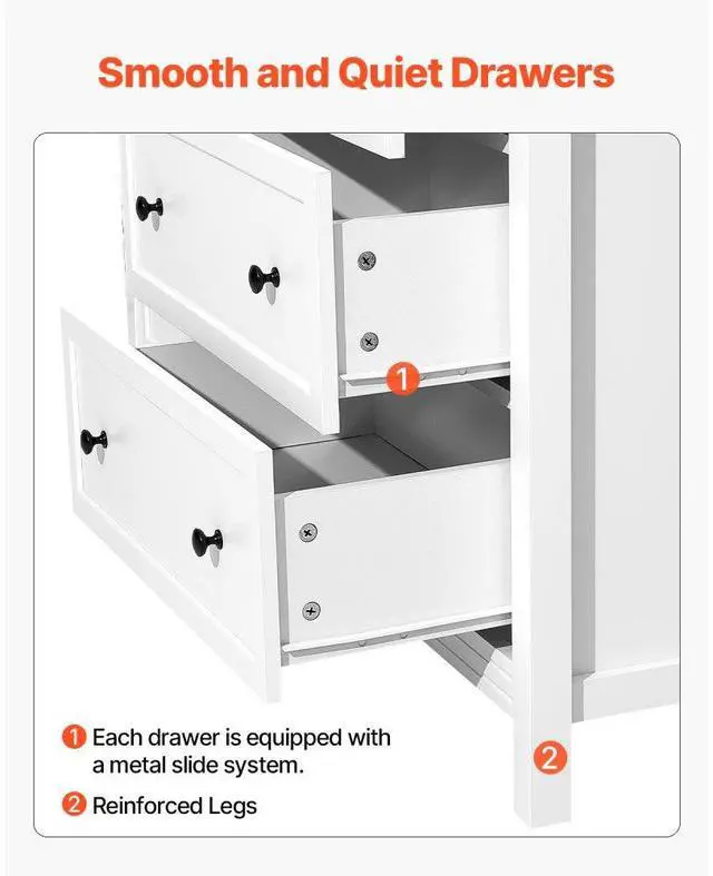 Alt view image 6 of 14 - VEVOR 6 Drawer Dresser, Wooden Chest of Drawers with Sliding and Anti-tip Device, Retro Minimalist Dresser Chest, Closet Storage TV Stand Organizer for Living Room, Hallway, Bedroom, Entryway, White