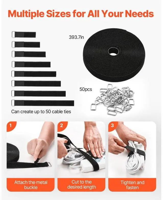Alt view image 4 of 7 - Cable Ties 393.7-Inch Hook and Loop Reusable Cord Ties with 50 Metal Buckles