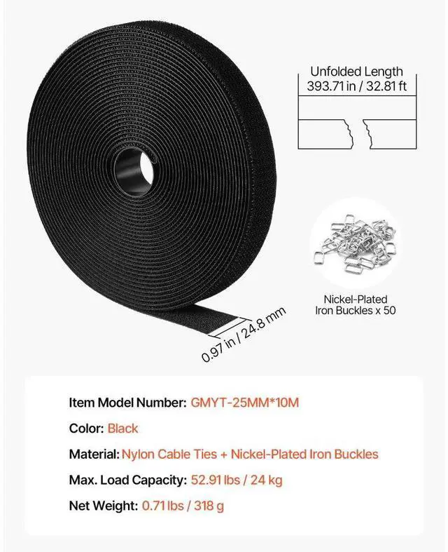 Alt view image 7 of 7 - Cable Ties 393.7-Inch Hook and Loop Reusable Cord Ties with 50 Metal Buckles