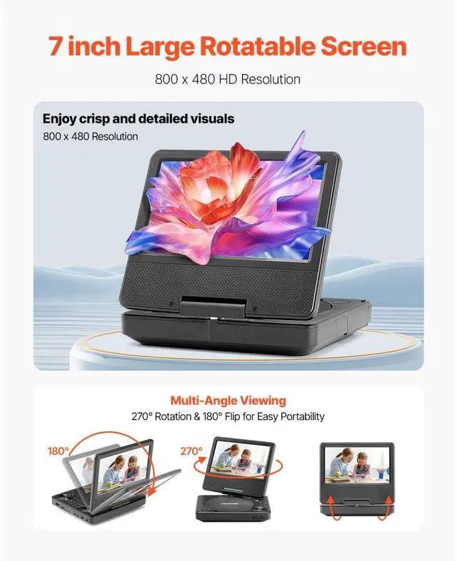 Alt view image 2 of 7 - Portable DVD Player 7 inch HD Swivel Display Screen 4 Hours Built-in Battery