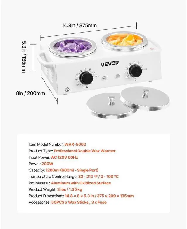 Alt view image 7 of 7 - VEVOR Double Wax Warmer 1200ML Professional Dual Wax Heater Pot for Hair Removal