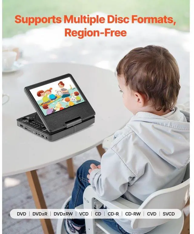 Alt view image 5 of 7 - Portable DVD Player 7 inch HD Swivel Display Screen 4 Hours Built-in Battery