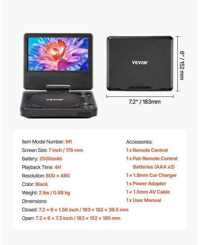 Alt view image 7 of 7 - Portable DVD Player 7 inch HD Swivel Display Screen 4 Hours Built-in Battery